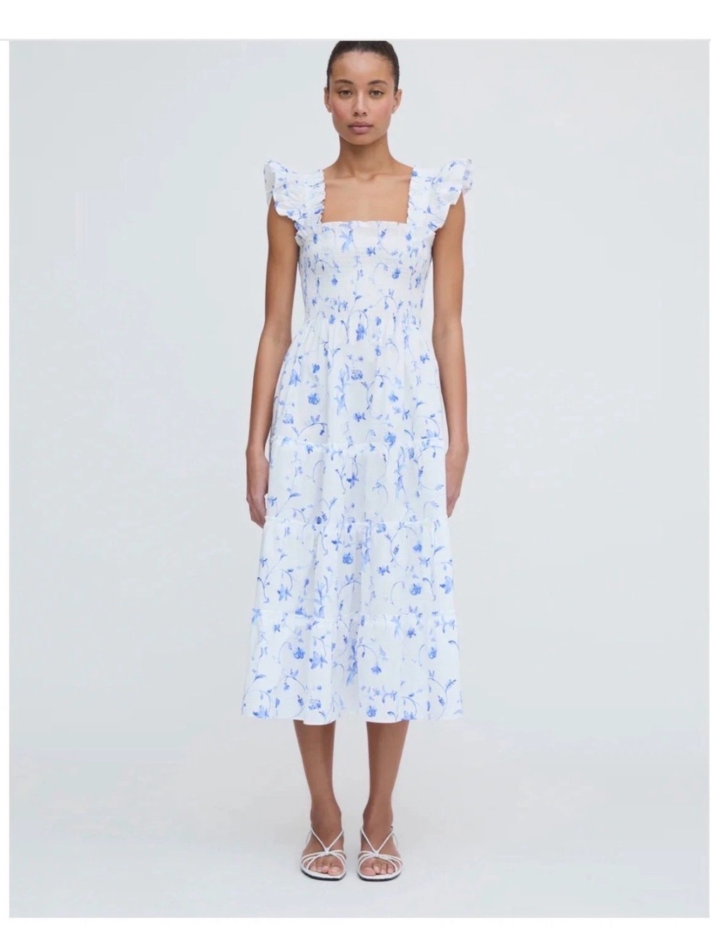 Hill house home Ellie nap dress White and Blue Floral Ruffle-Sleeve Midi Dress
